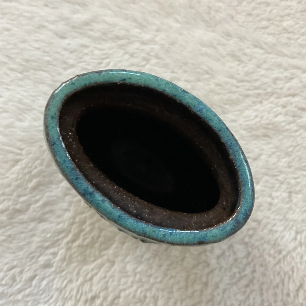 Signed Studio Pottery Bud Vase Pair Turquoise Drip Glaze Handmade